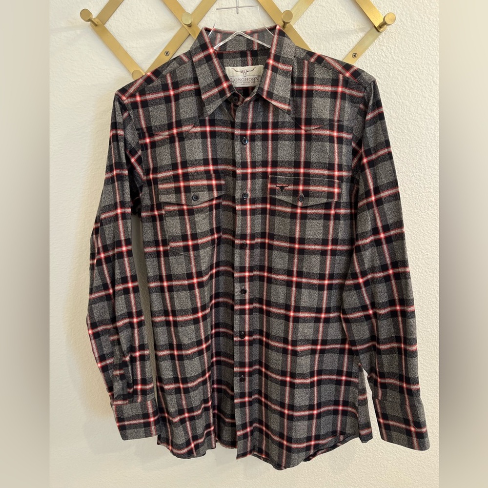 Longhorn Men’s Vintage Western Plaid Button up Grey Red 16/34 Large